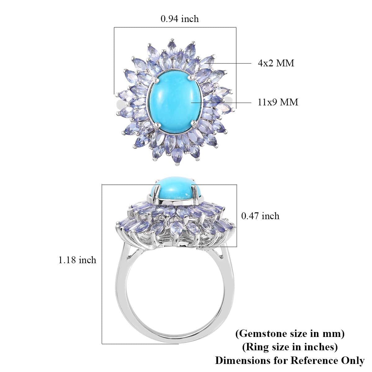 American Natural Sleeping Beauty Turquoise and Tanzanite Floral Spray Ring in Platinum Over Sterling Silver (Size 10.0) 5.80 ctw image number 5
