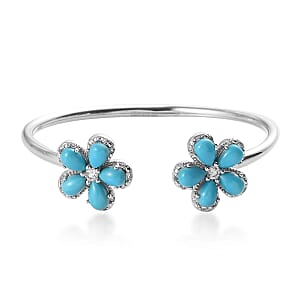 Sleeping Beauty Turquoise and Zircon Cuff Bracelet in Platinum Over Sterling Silver (6 in) 5.75 ctw