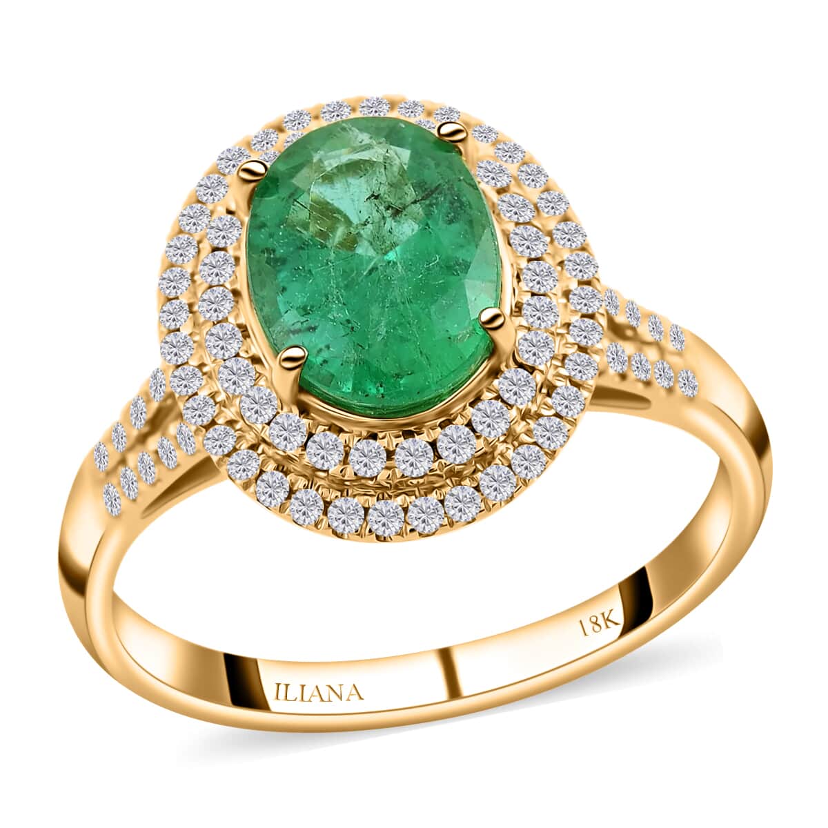 ILIANA 18K Yellow Gold AAA Kagem Zambian Emerald and Diamond G-H SI Double Halo Ring 4.15 Grams 2.15 ctw image number 0