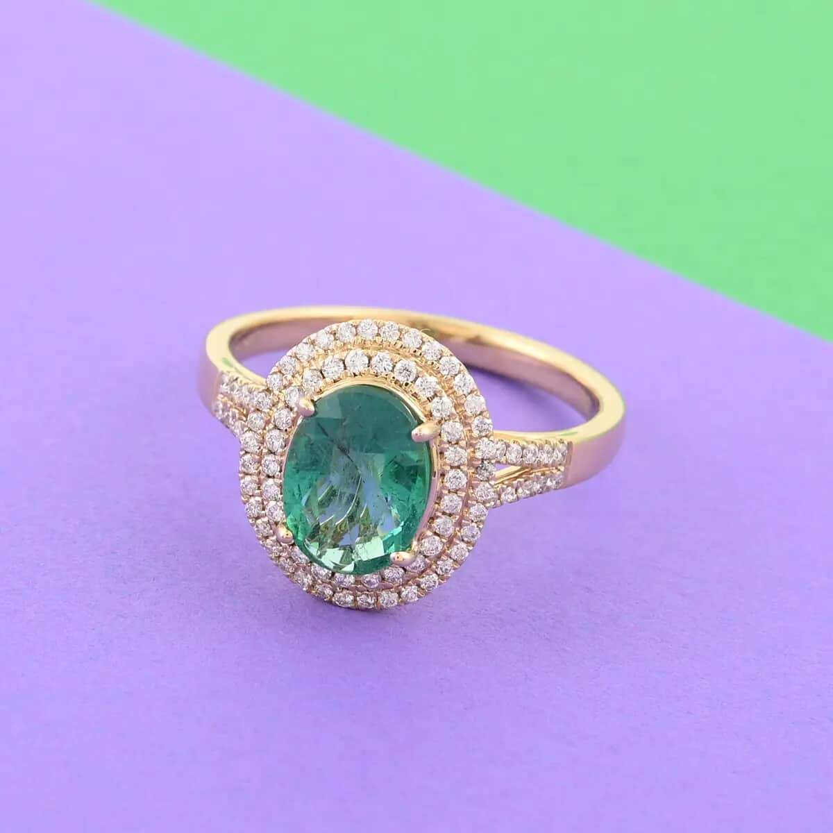 ILIANA 18K Yellow Gold AAA Kagem Zambian Emerald and Diamond G-H SI Double Halo Ring 4.15 Grams 2.15 ctw image number 1
