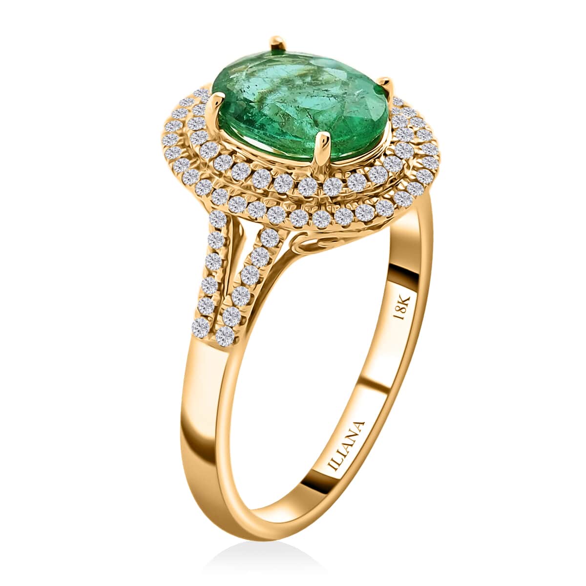 ILIANA 18K Yellow Gold AAA Kagem Zambian Emerald and Diamond G-H SI Double Halo Ring 4.15 Grams 2.15 ctw image number 3