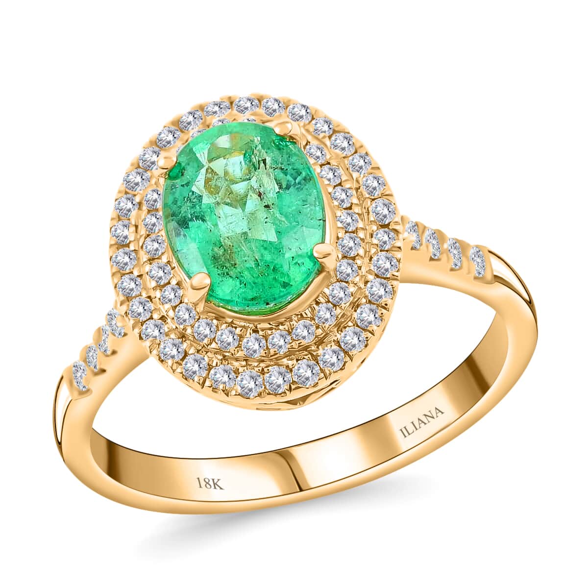 ILIANA 18K Yellow Gold AAA Kagem Zambian Emerald and G-H SI Diamond Halo Ring 4.39 Grams 1.50 ctw image number 0