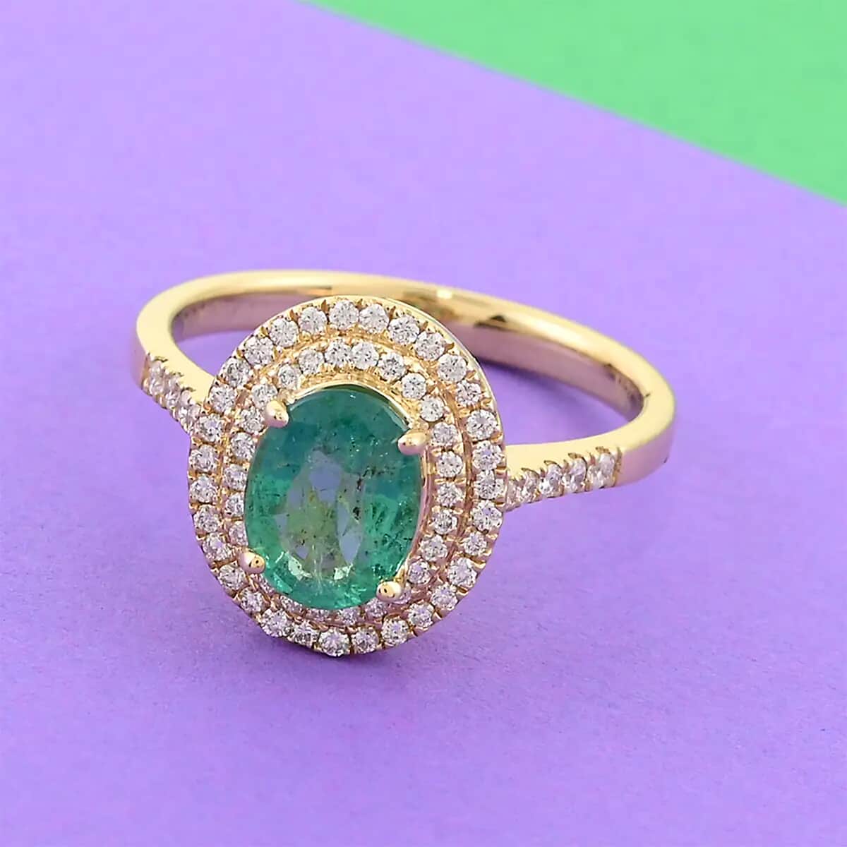 ILIANA 18K Yellow Gold AAA Kagem Zambian Emerald and G-H SI Diamond Halo Ring 4.39 Grams 1.50 ctw image number 1