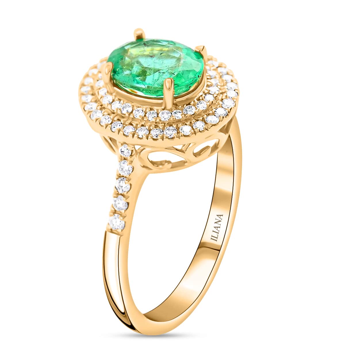 ILIANA 18K Yellow Gold AAA Kagem Zambian Emerald and G-H SI Diamond Halo Ring 4.39 Grams 1.50 ctw image number 3