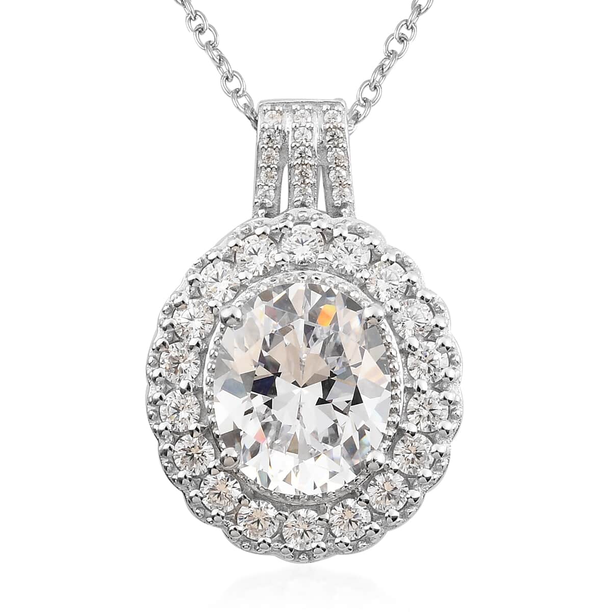 Lustro Stella Made with Finest CZ Halo Pendant Necklace 20 Inches in Platinum Over Sterling Silver 10.90 ctw image number 0