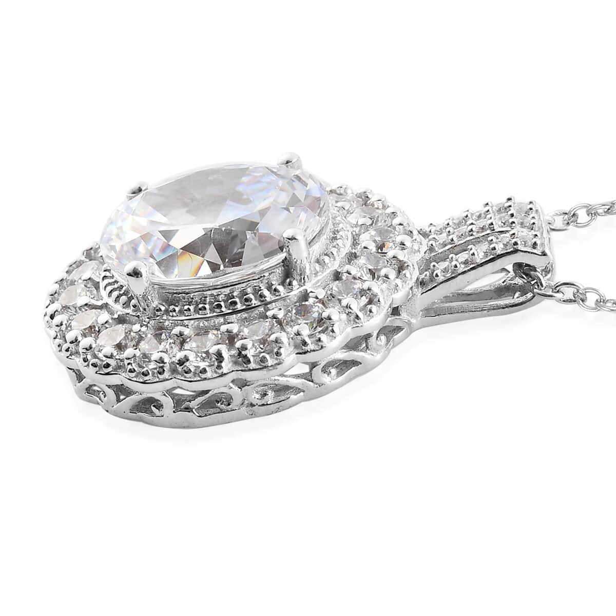 Lustro Stella Made with Finest CZ Halo Pendant Necklace 20 Inches in Platinum Over Sterling Silver 10.90 ctw image number 3