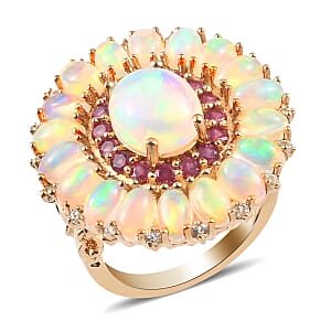 Ethiopian Welo Opal and Multi Gemstone Floral Spray Ring in Vermeil Yellow Gold Over Sterling Silver (Size 9.0) 5.20 ctw 