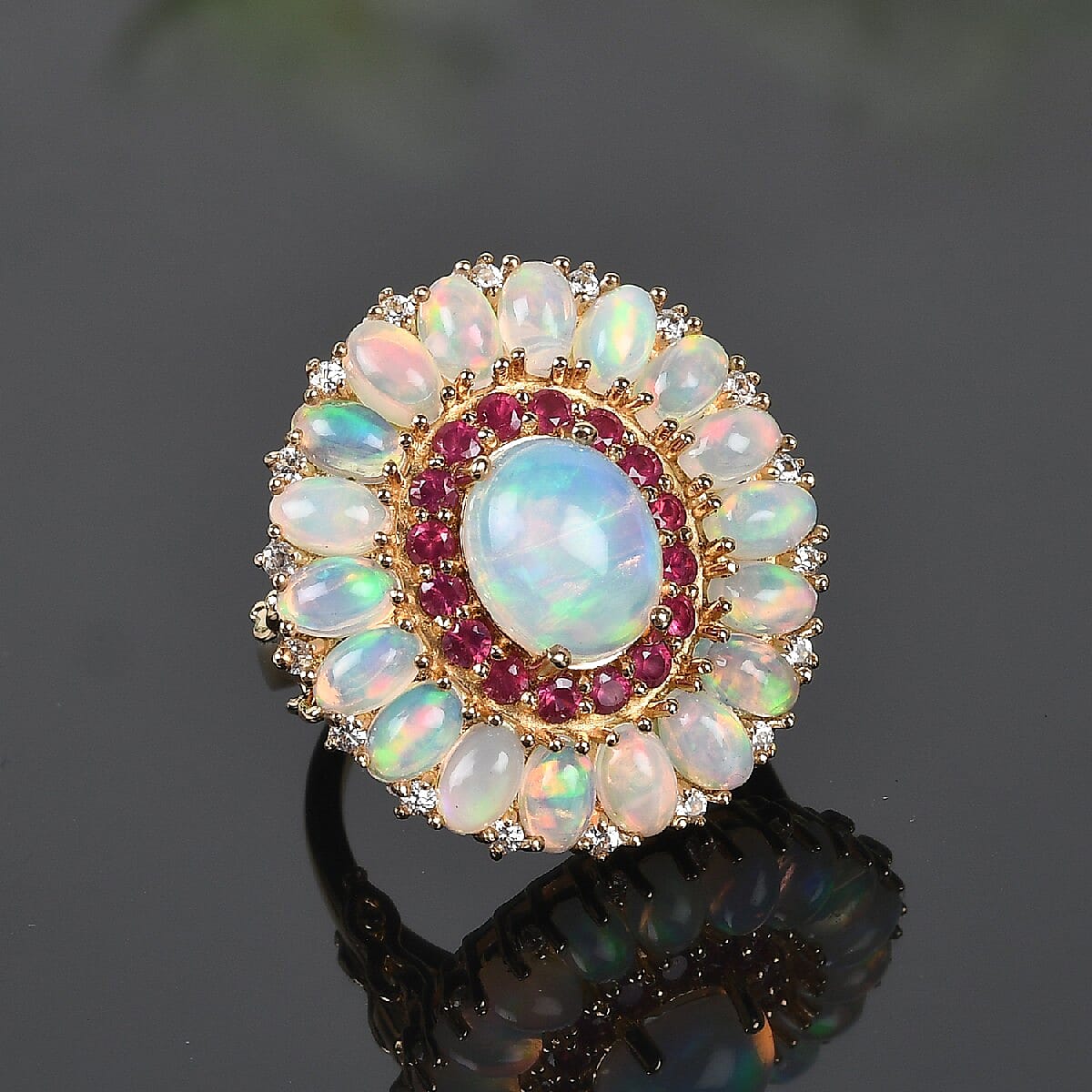 Ethiopian Welo Opal and Multi Gemstone Floral Spray Ring in Vermeil Yellow Gold Over Sterling Silver (Size 9.0) 5.20 ctw  image number 1