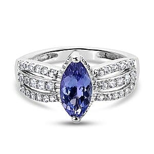 Tanzanite and Zircon 1.71 ctw Ring in Platinum Over Sterling Silver (Size 5.5)