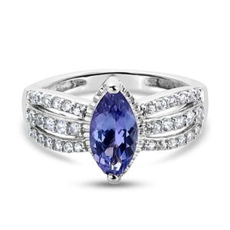 Tanzanite and Zircon 1.71 ctw Ring in Platinum Over Sterling Silver (Size 5.5)