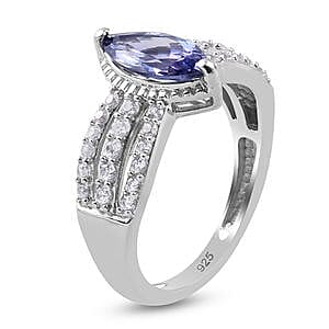 Tanzanite and Zircon 1.71 ctw Ring in Platinum Over Sterling Silver (Size 5.5)