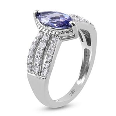 Tanzanite and Zircon 1.71 ctw Ring in Platinum Over Sterling Silver (Size 5.5)