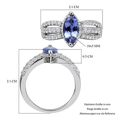 Tanzanite and Zircon 1.71 ctw Ring in Platinum Over Sterling Silver (Size 5.5)