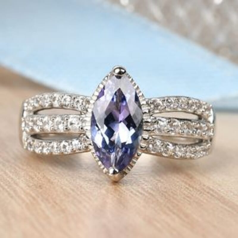 Tanzanite and Zircon 1.71 ctw Ring in Platinum Over Sterling Silver (Size 10.0)