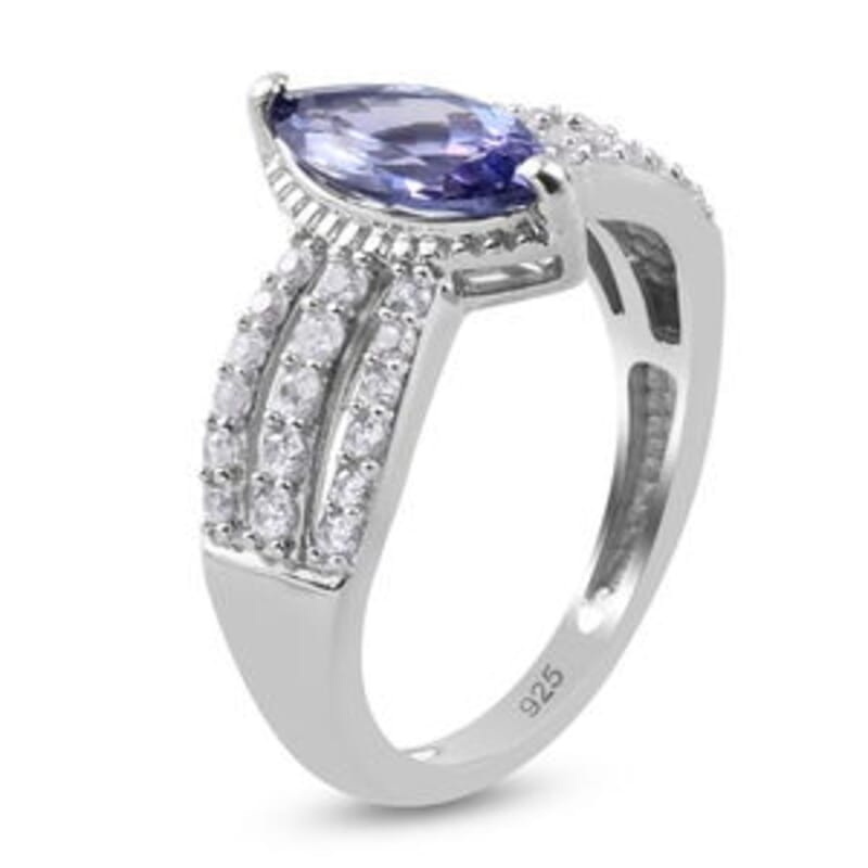 Tanzanite and Zircon 1.71 ctw Ring in Platinum Over Sterling Silver (Size 10.0)