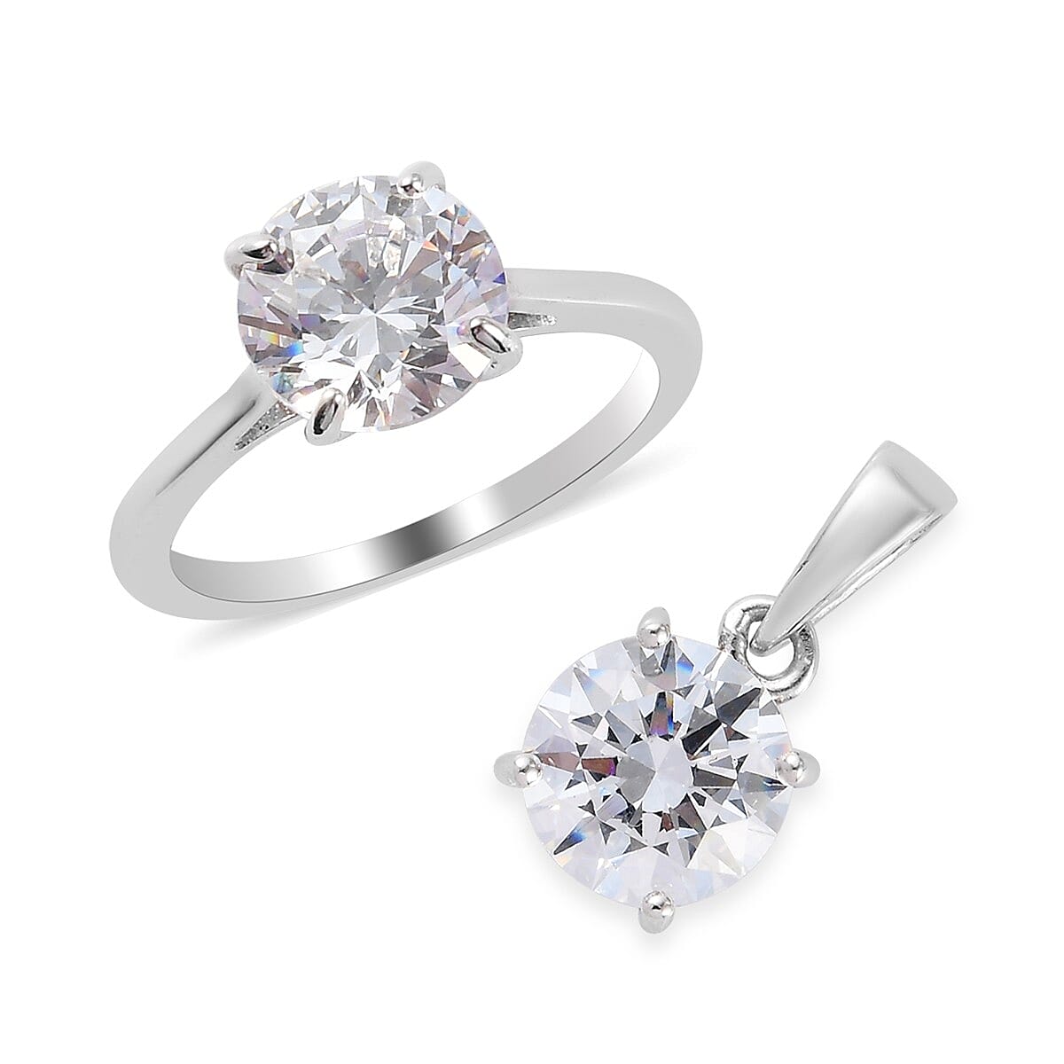 Lustro Stella Made with Finest CZ Solitaire Ring (Size 10) and Pendant in Platinum Over Sterling Silver 6.85 ctw