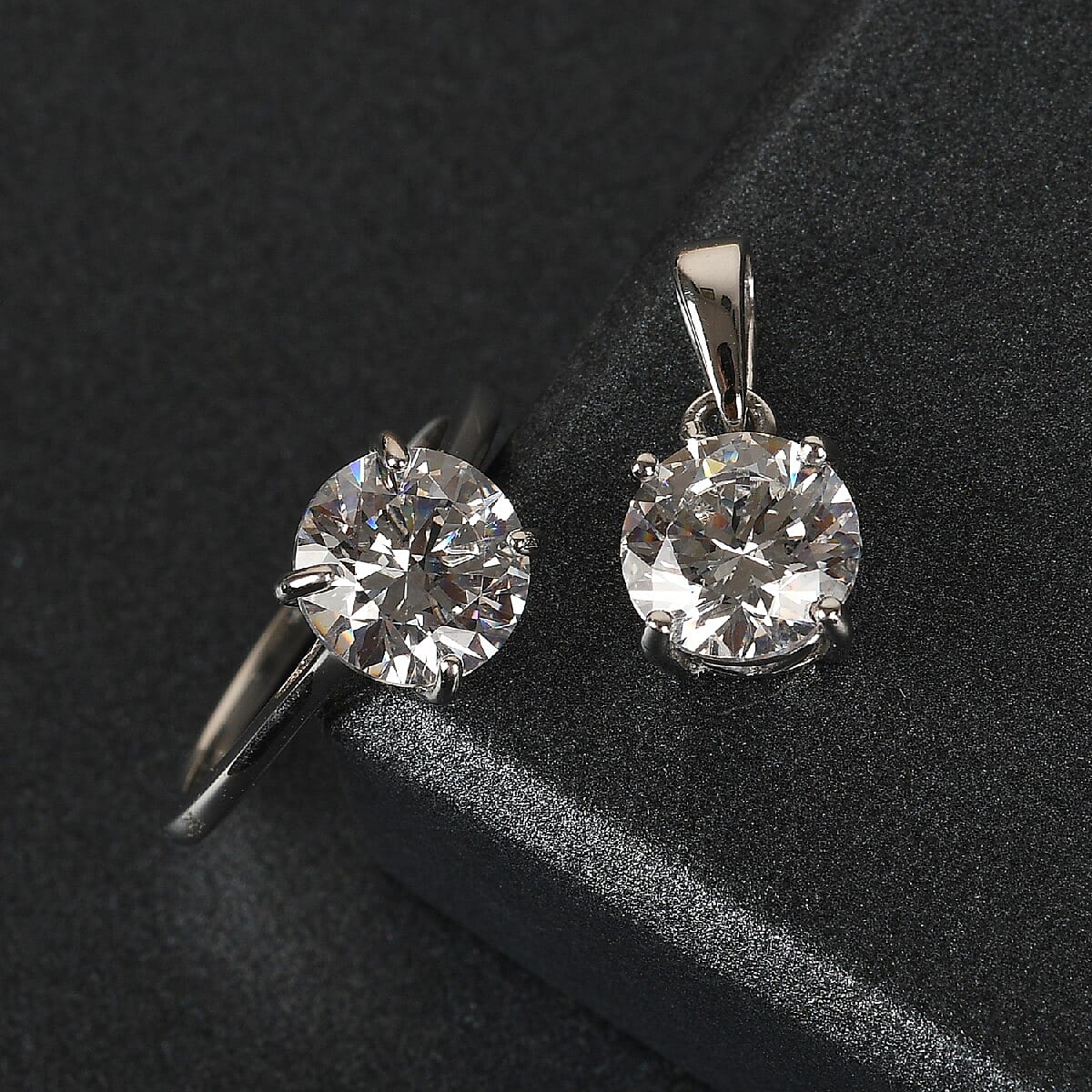 Lustro Stella Made with Finest CZ Solitaire Ring (Size 10) and Pendant in Platinum Over Sterling Silver 6.85 ctw
