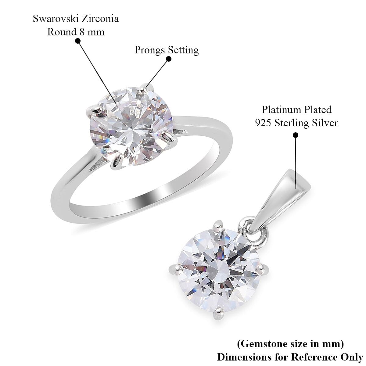 Lustro Stella Made with Finest CZ Solitaire Ring (Size 10) and Pendant in Platinum Over Sterling Silver 6.85 ctw