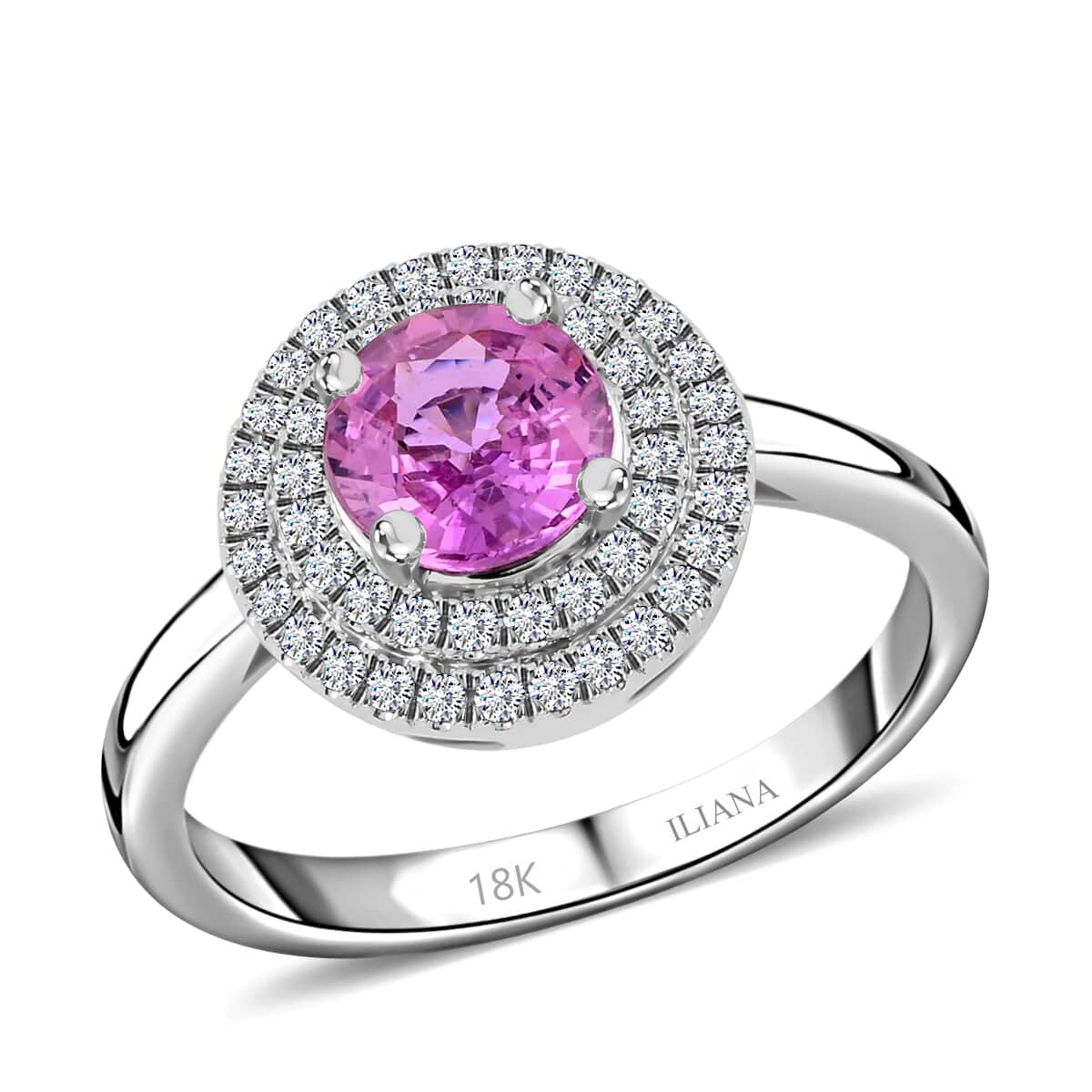 ILIANA 18K White Gold AAA Madagascar Pink Sapphire and Diamond G-H SI Double Halo Ring 4.10 Grams 1.25 ctw image number 0