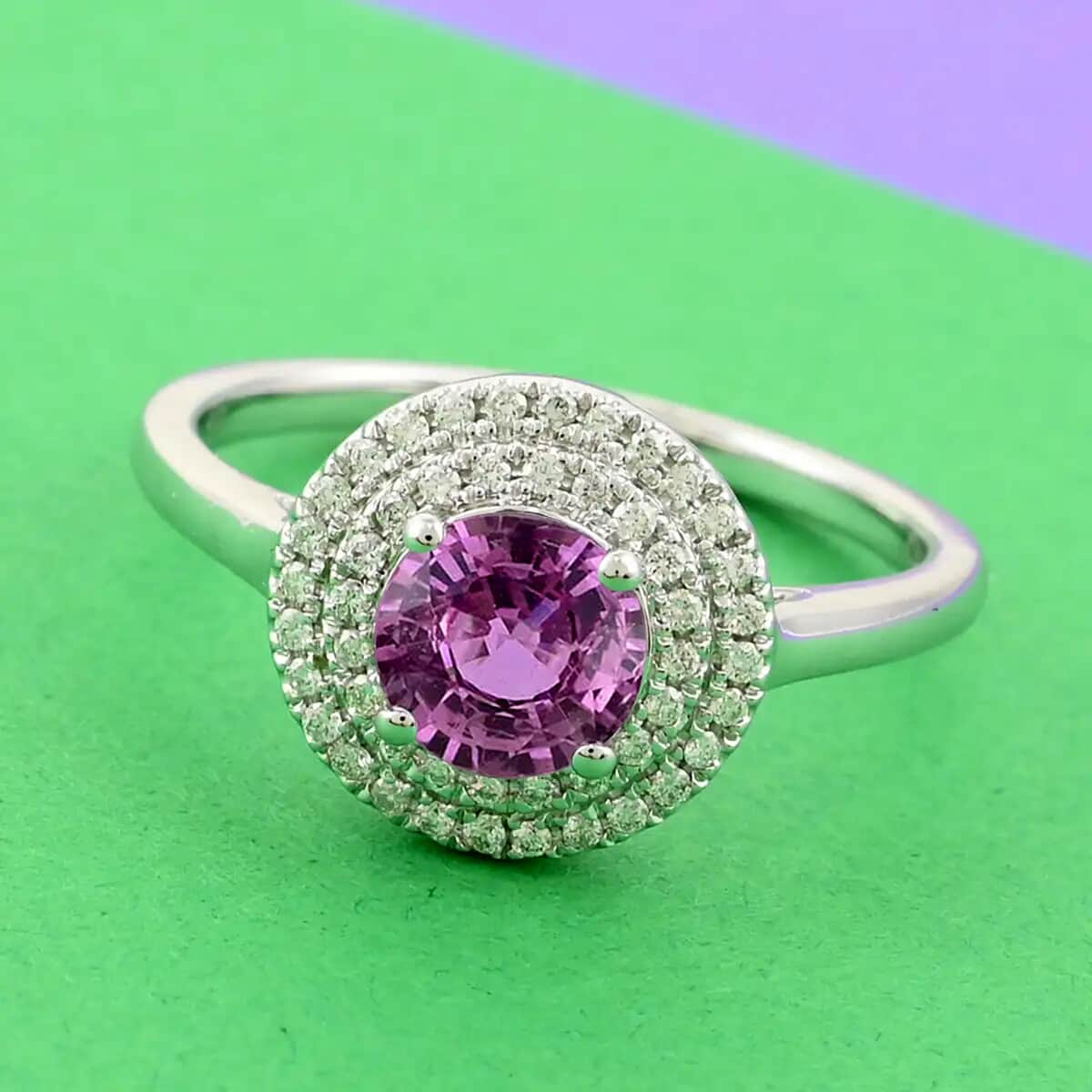ILIANA 18K White Gold AAA Madagascar Pink Sapphire and Diamond G-H SI Double Halo Ring 4.10 Grams 1.25 ctw image number 1