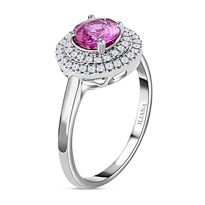 Iliana 18K White Gold AAA Madagascar Pink Sapphire and Diamond G-H SI Double Halo Ring (Size 10.0) 4.10 Grams 1.25 ctw