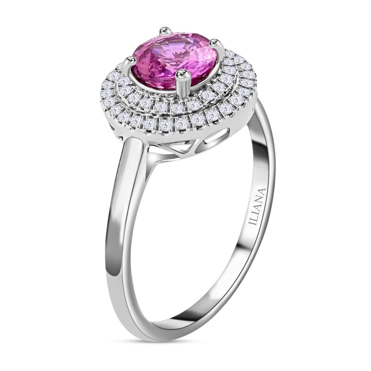 ILIANA 18K White Gold AAA Madagascar Pink Sapphire and Diamond G-H SI Double Halo Ring 4.10 Grams 1.25 ctw image number 3