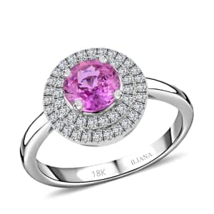 Iliana AAA Madagascar Pink Sapphire and G-H SI Diamond 1.25 ctw Double Halo Ring in 18K White Gold (Size 7.0) 4.10 Grams