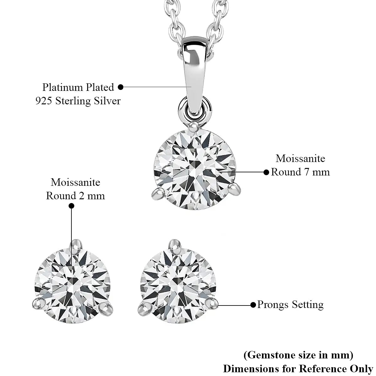 2.70 ctw Moissanite Solitaire Stud Earrings and Pendant Necklace 20 Inch in Platinum Over Sterling Silver image number 6