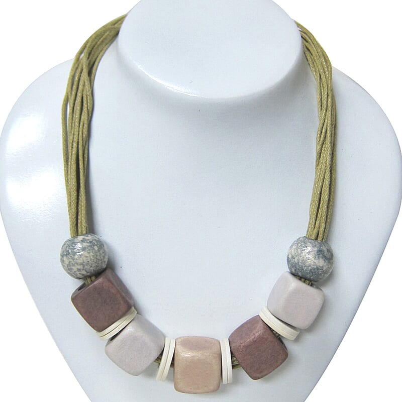 Wooden Beaded Necklace 20 Inches in Silvertone