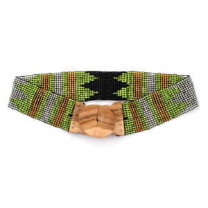 Handcrafted Green Seed Bead Stretch Belt with Wooden Buckle