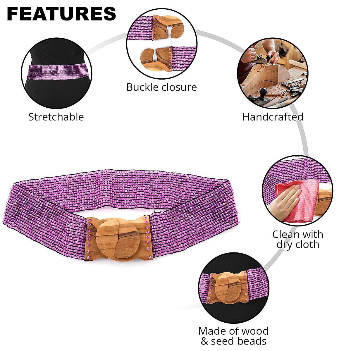 Handcrafted Pink Seed Bead Stretch Belt with Wooden Buckle image number 2