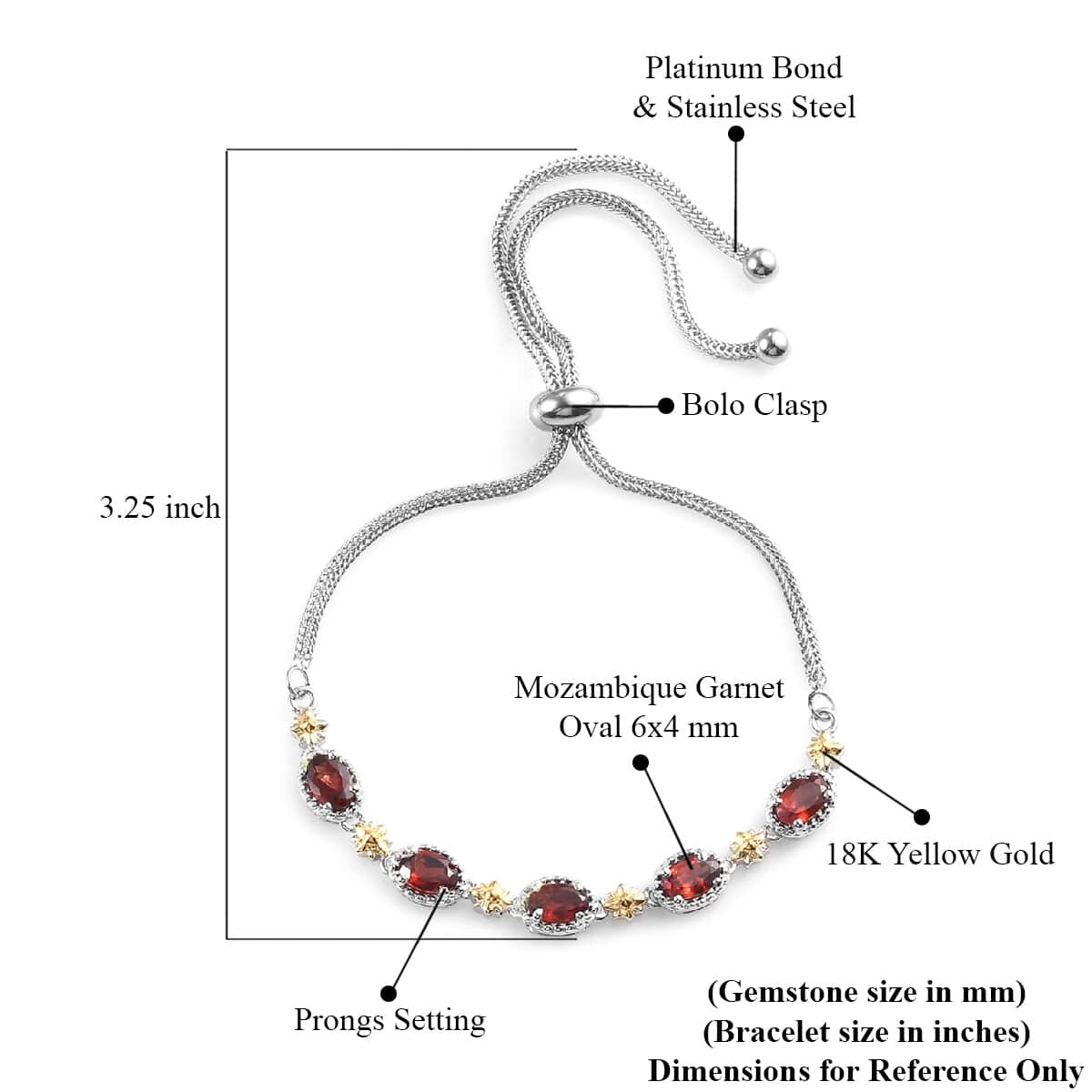 Karis 2.75 ctw Mozambique Garnet Bolo Bracelet in ION Plated 18K YG & Platinum Bond and Stainless Steel image number 4