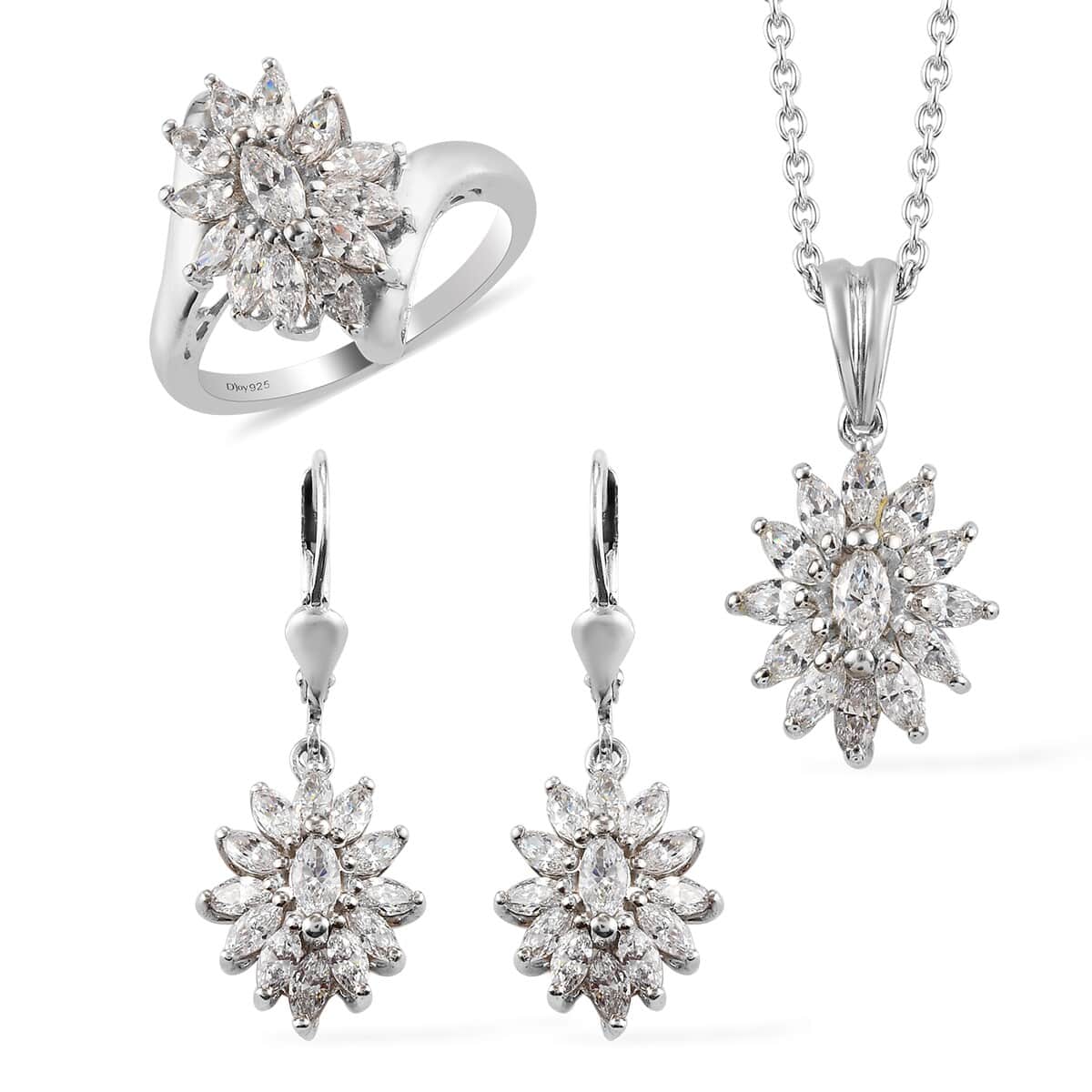 Lustro Stella Made with Finest CZ Floral Ring (Size 6), Earrings and Pendant Necklace 20 Inches in Platinum Over Sterling Silver 6.35 ctw image number 0