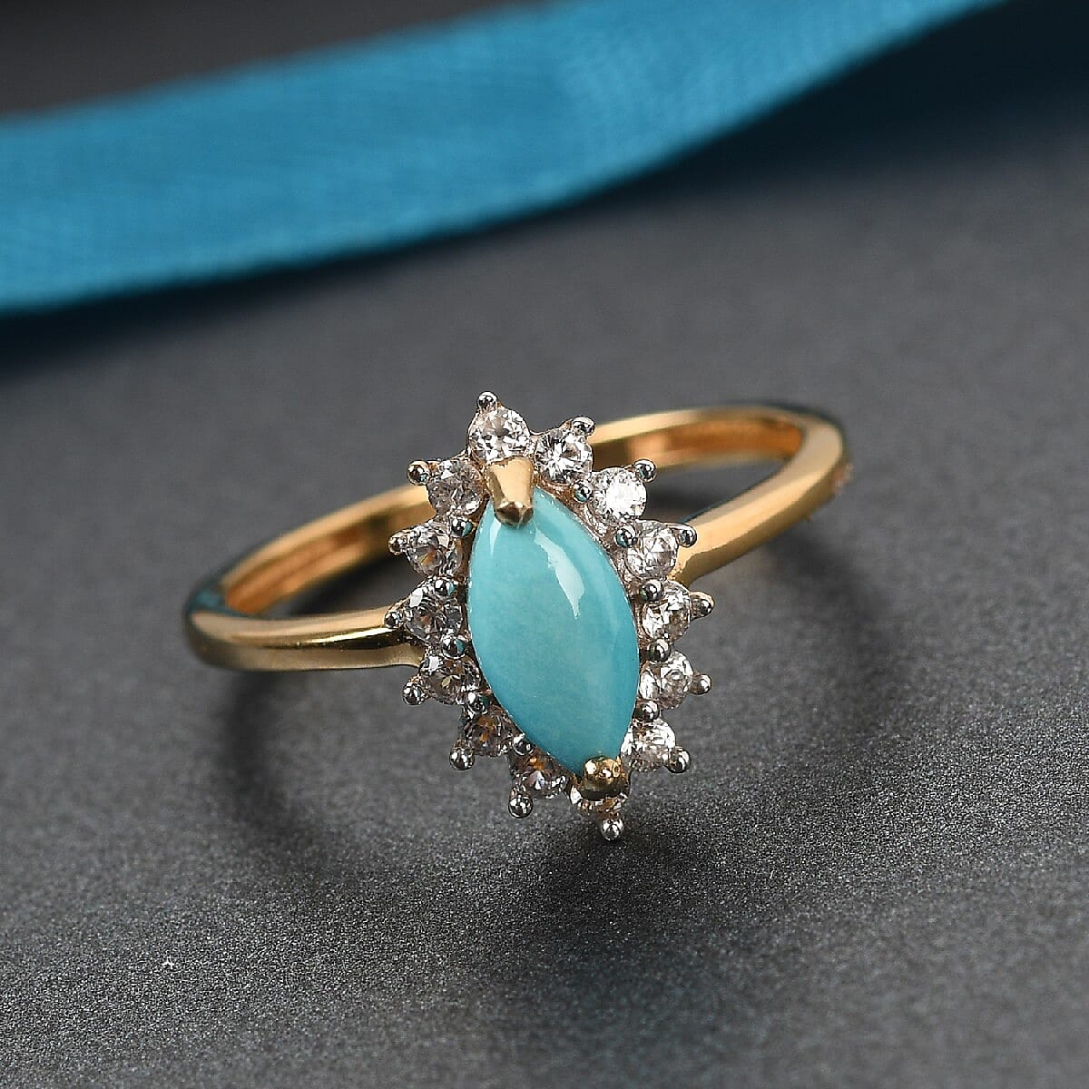 Natural Arizona Sleeping Beauty Turquoise and Zircon Halo Ring in Vermeil Yellow Gold Over Sterling Silver (Size 5.0) 0.90 ctw