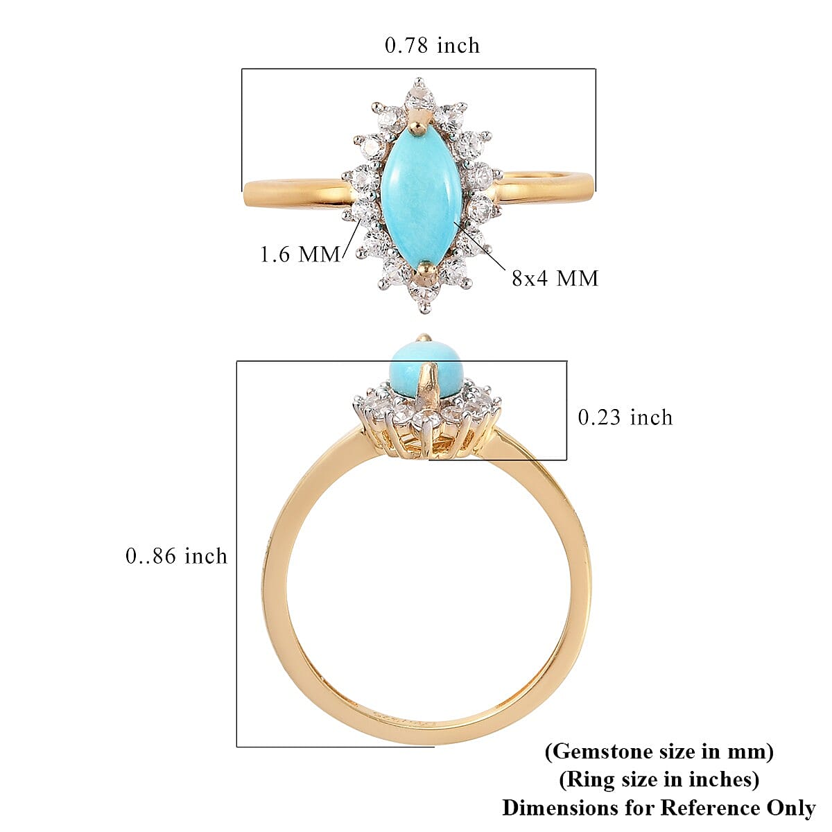 Natural Arizona Sleeping Beauty Turquoise and Zircon Halo Ring in Vermeil Yellow Gold Over Sterling Silver (Size 5.0) 0.90 ctw