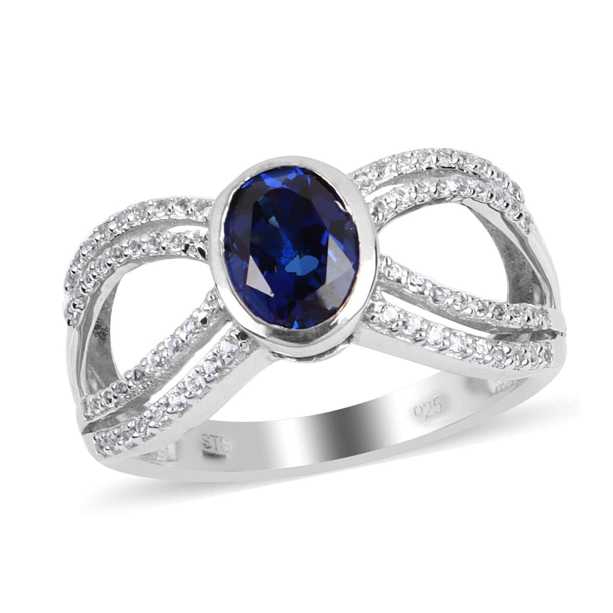 Lab Created Blue Sapphire and White Zircon Ring in Platinum Over Sterling Silver (Size 7.0) image number 0