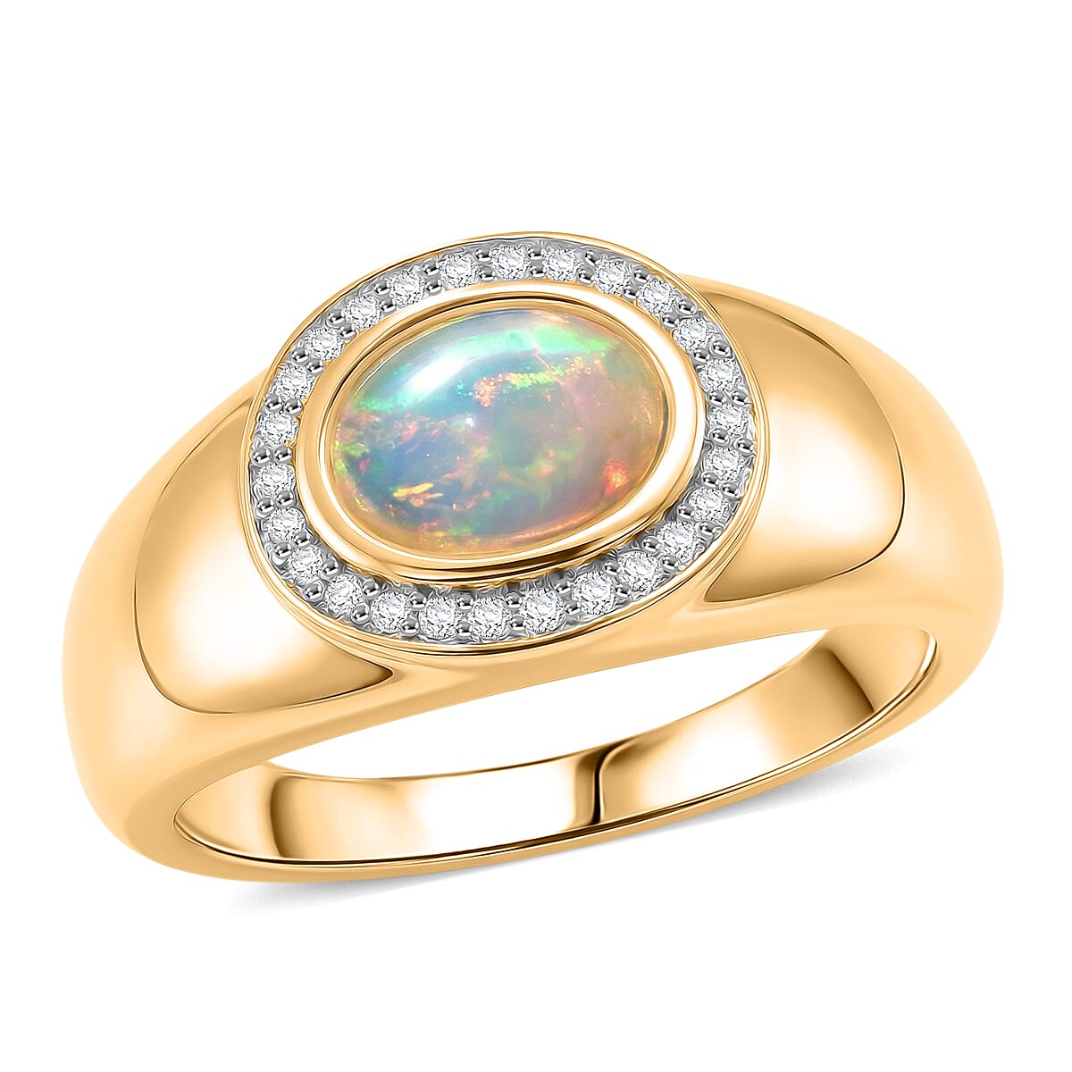 Ethiopian Welo Opal and White Zircon 1.00 ctw Ring in 14K YG Over Sterling Silver (Size 5.5)