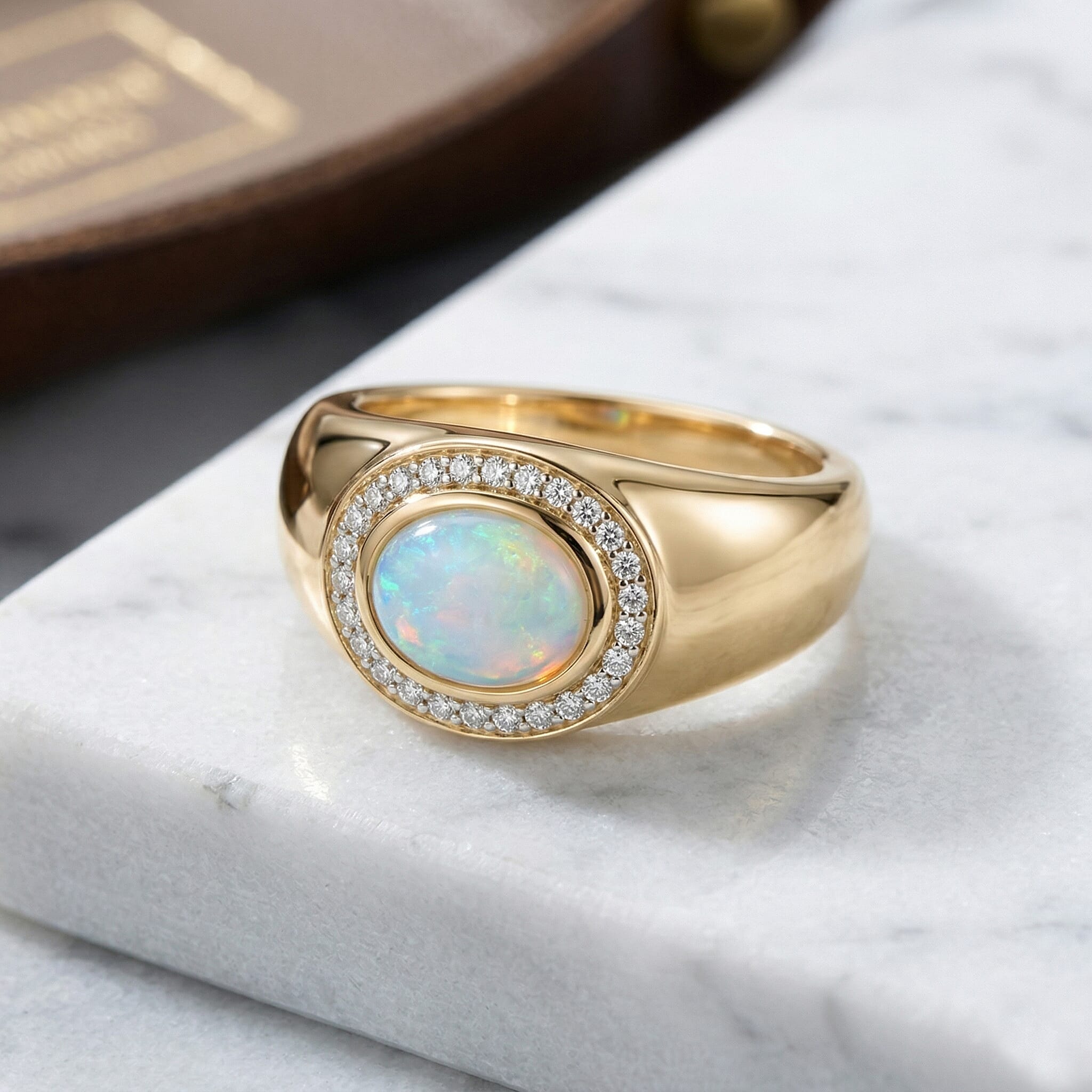 Ethiopian Welo Opal and White Zircon 1.00 ctw Ring in 14K YG Over Sterling Silver (Size 5.5)