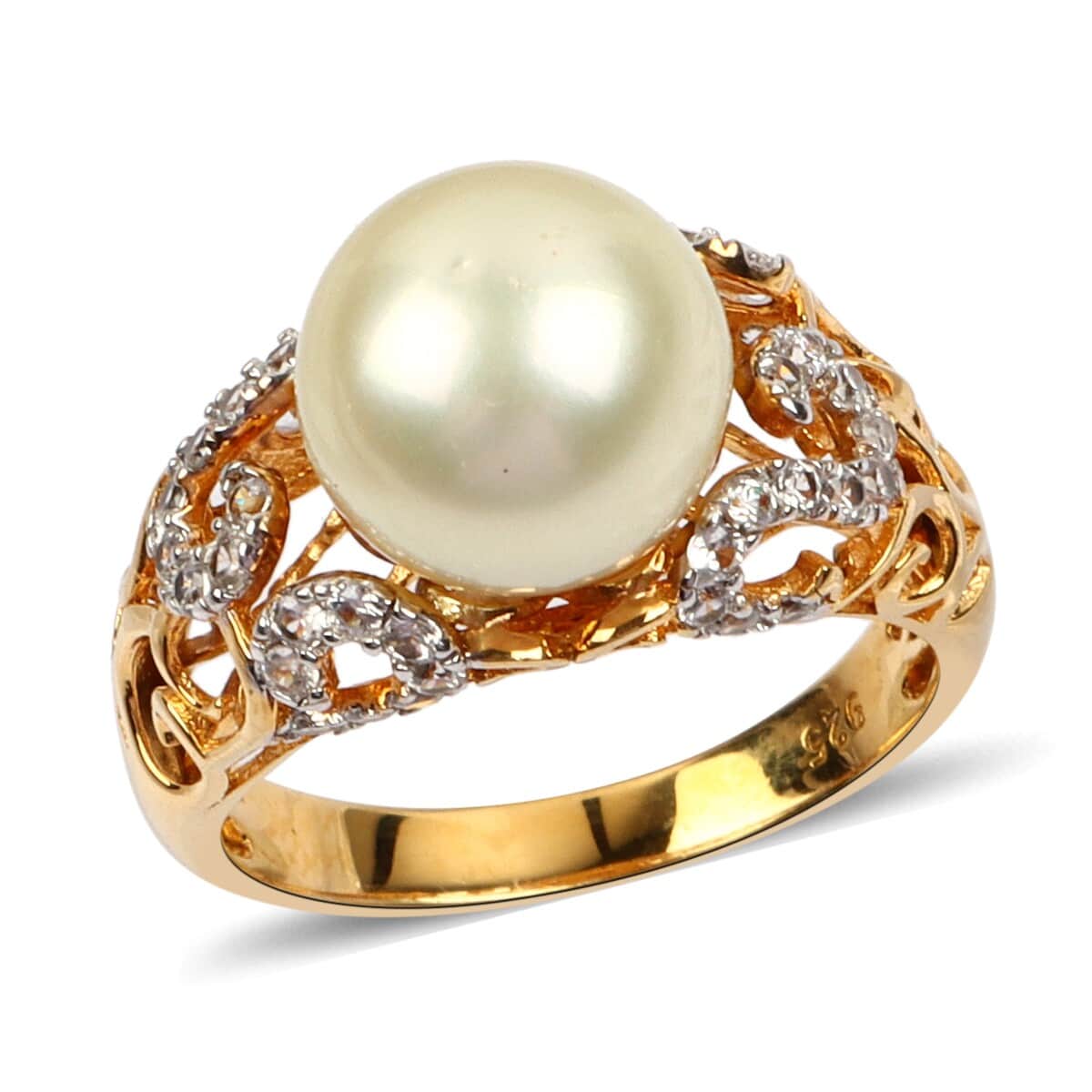 South Sea Golden Cultured Pearl and Zircon Ring in 14K Yellow Gold Over Sterling Silver (Size 9.0) 0.40 ctw image number 0