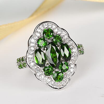 Chrome Diopside and White Zircon 2.54 ctw Ring in Platinum Over Sterling Silver (Size 5.5)