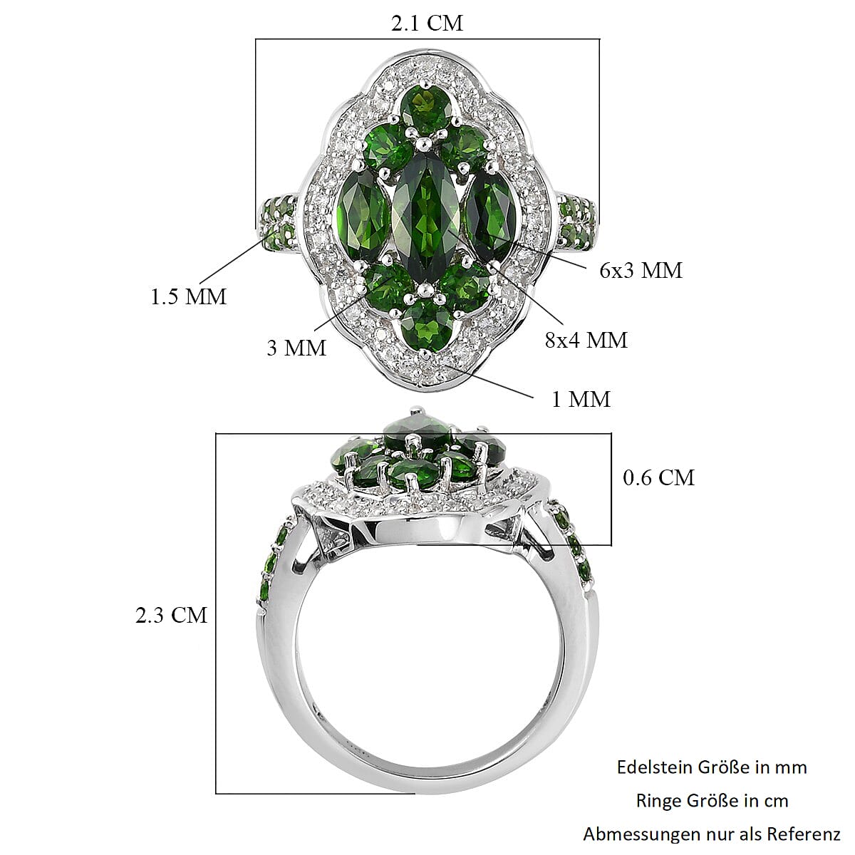 Chrome Diopside and White Zircon 2.54 ctw Ring in Platinum Over Sterling Silver (Size 5.5)