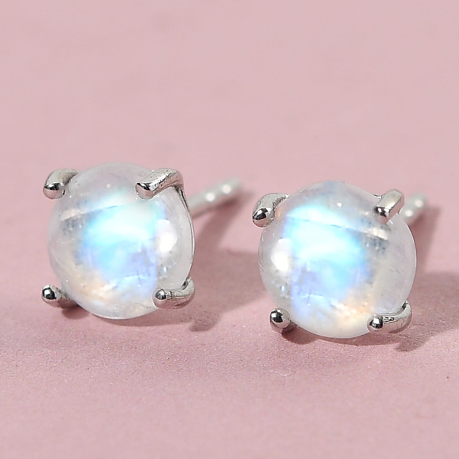 D'Joy Kuisa Rainbow Moonstone Solitaire Stud Earrings in Platinum Over Sterling Silver 2.15 ctw