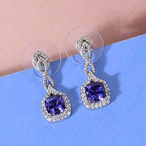 Tanzanite and Natural White Zircon Earrings in Platinum Over Sterling Silver 2.60 ctw