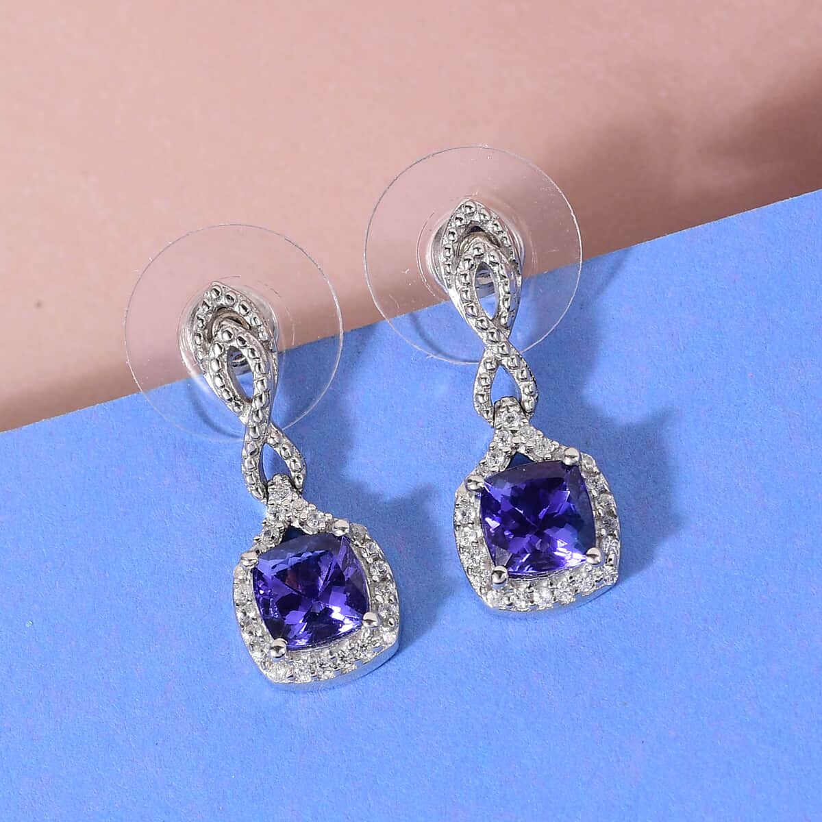 Tanzanite and Natural White Zircon Earrings in Platinum Over Sterling Silver 2.60 ctw image number 1