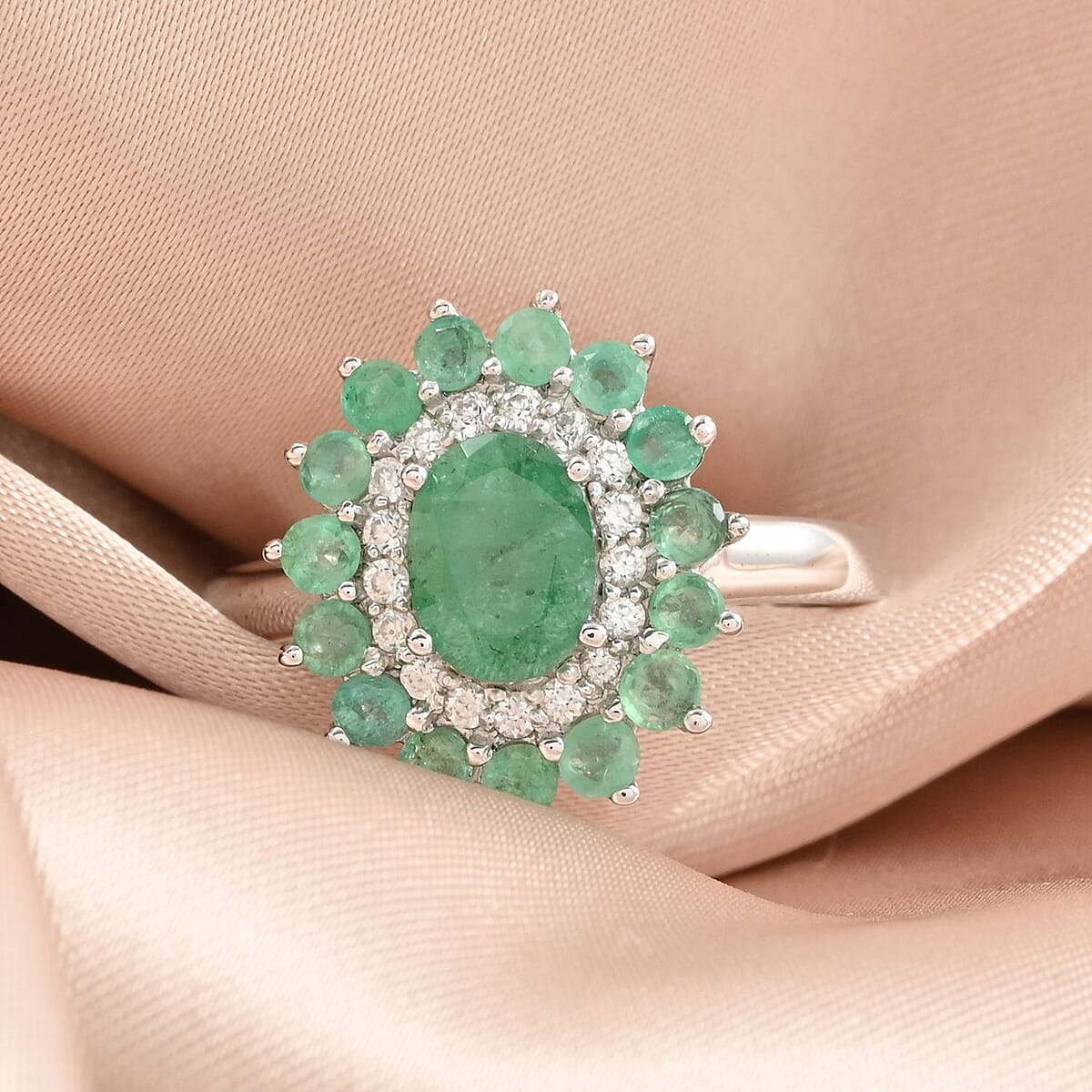 Emerald and White Zircon Ring in Platinum Over Sterling Silver (Size 10.0) 3.00 ctw image number 1