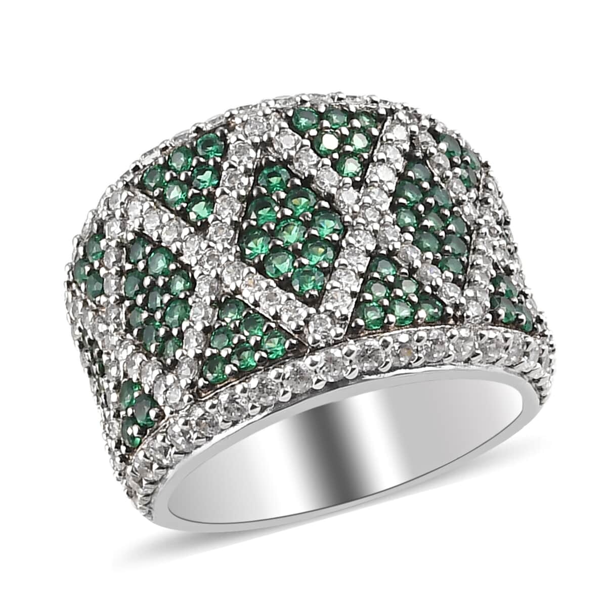 Simulated Green and White Diamond Ring in Platinum Over Sterling Silver (Size 6.0) 7.90 Grams image number 0