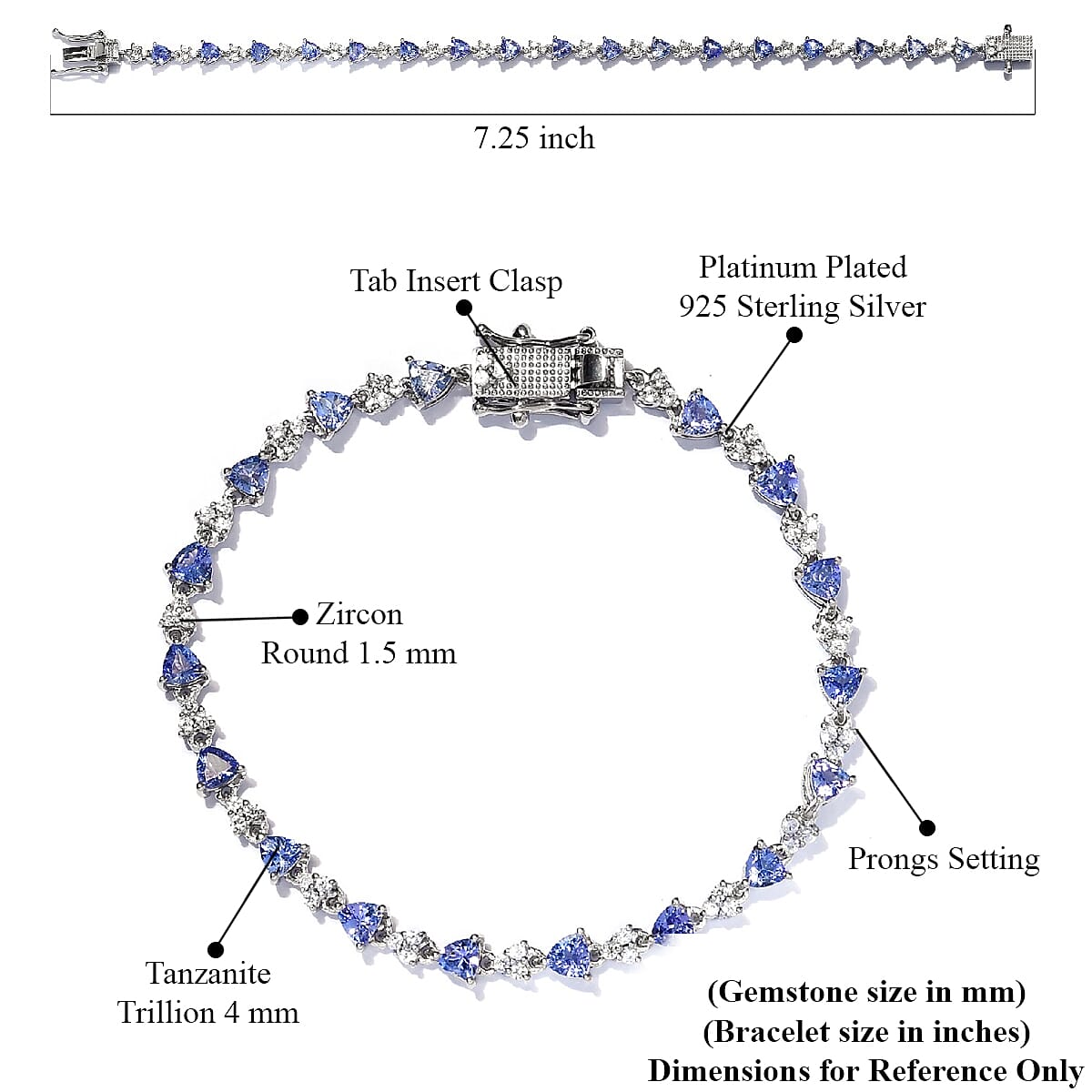 Tanzanite, Natural White Zircon Bracelet in Platinum Over Sterling Silver (7.25 In) (8.70 g) 4.80 ctw