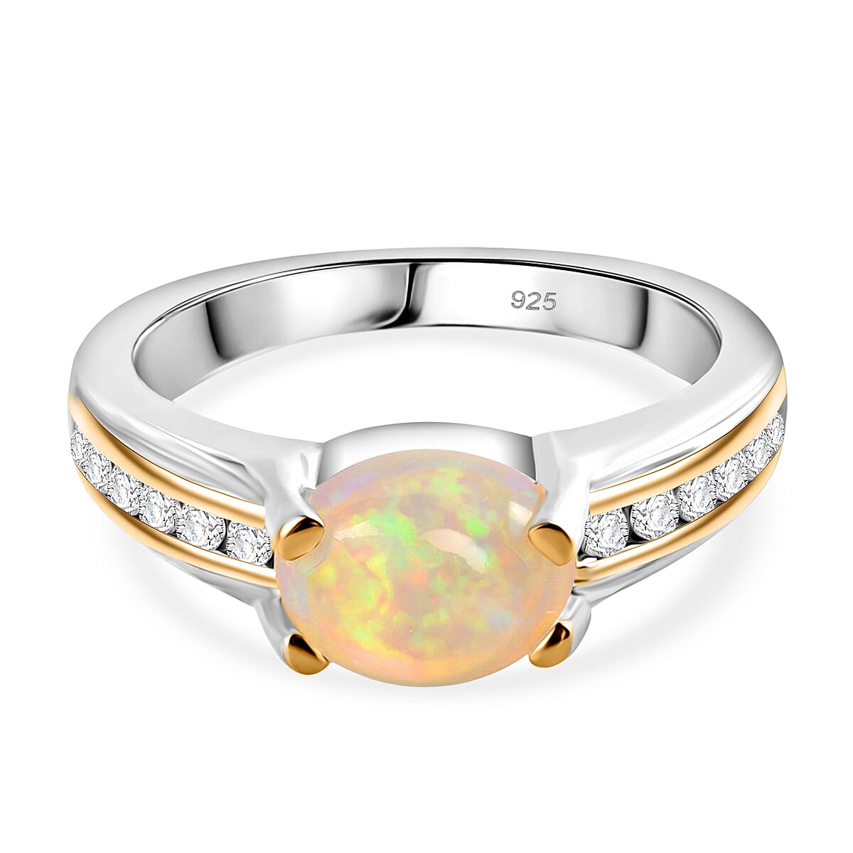 Ethiopian Welo Opal and White Zircon 0.90 ctw Ring in Two-Tone Plated Sterling Silver (Size 5.5)