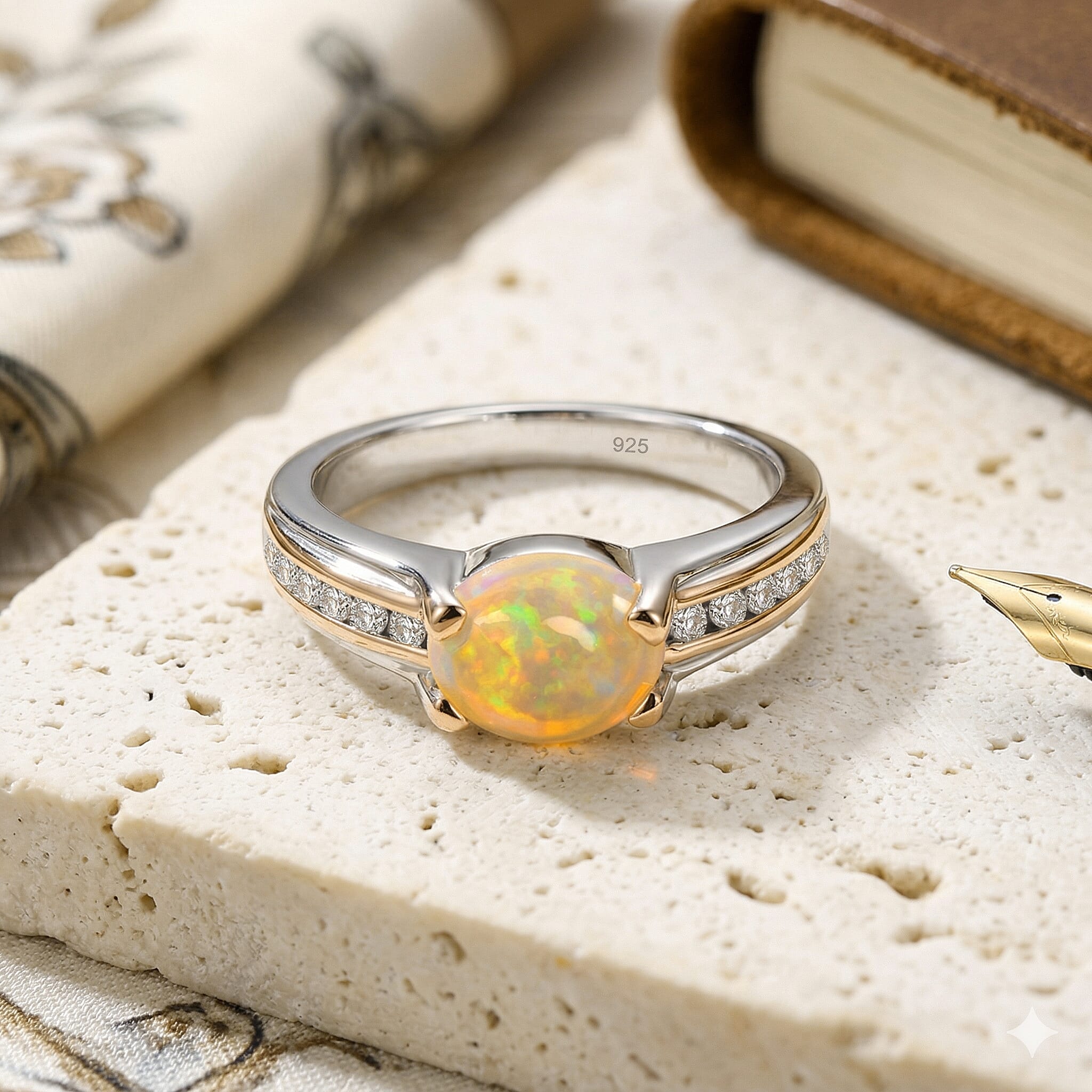 Ethiopian Welo Opal and White Zircon 0.90 ctw Ring in Two-Tone Plated Sterling Silver (Size 5.5)