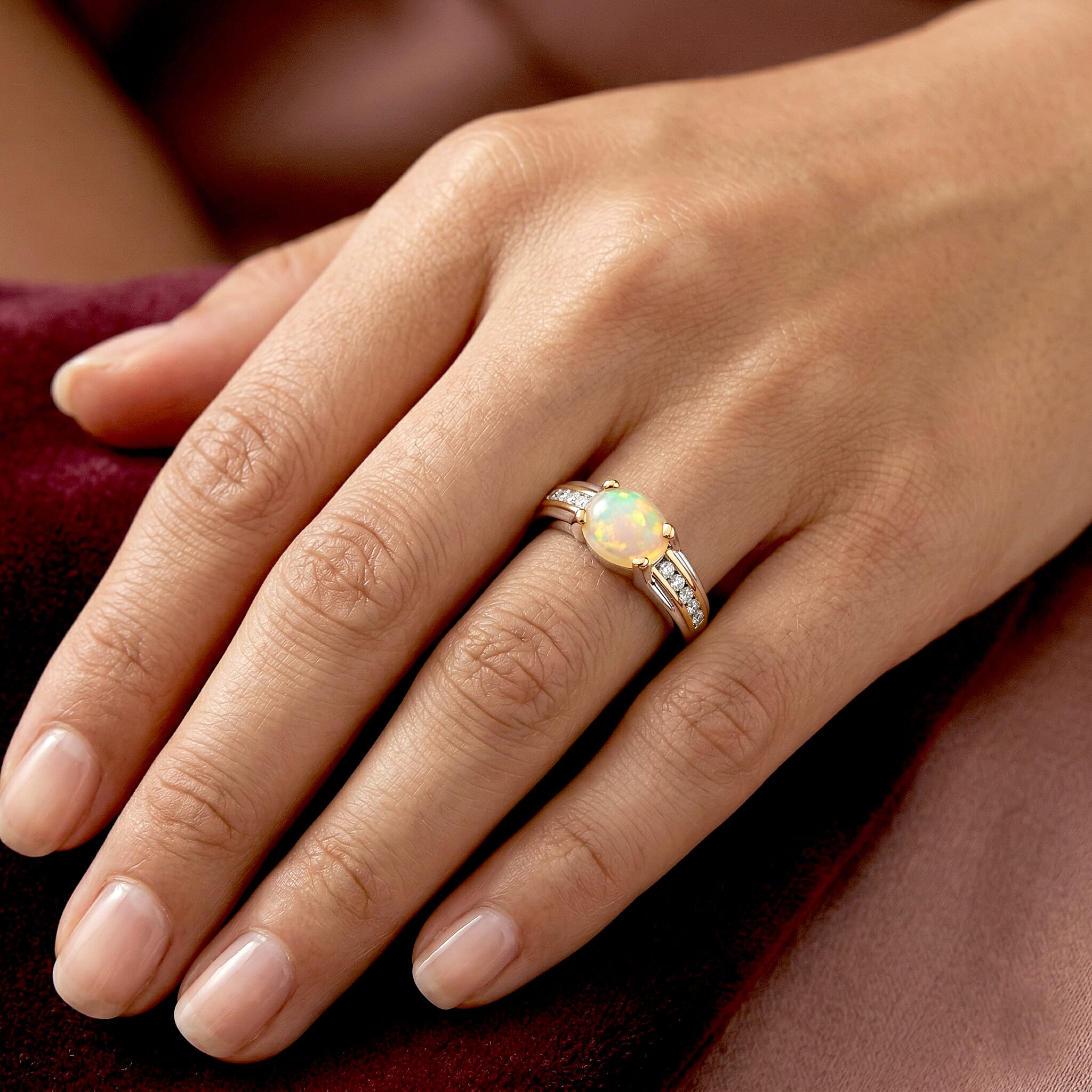 Ethiopian Welo Opal and White Zircon 0.90 ctw Ring in Two-Tone Plated Sterling Silver (Size 5.5)